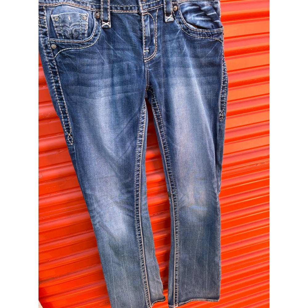 Rock Revival Bootcut Jeans Blue Denim Thick Contrast Stitching Y2K Style